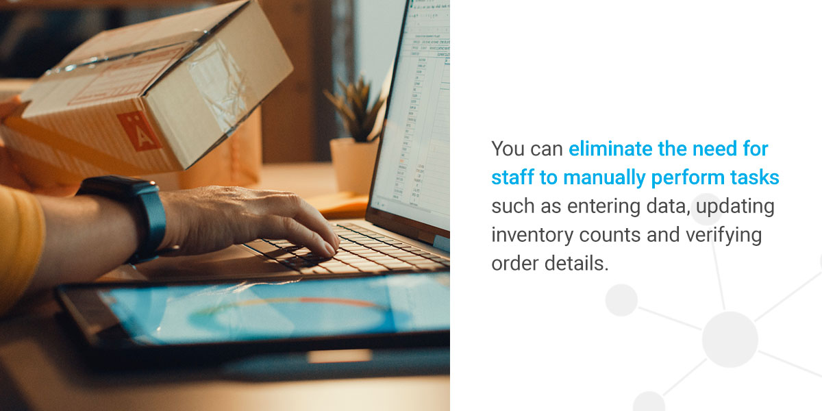 Graphic explaining how sales order automation eliminates the need for staff to manually perform tasks.