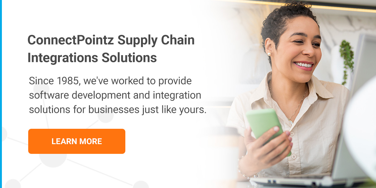 ConnectPointz Supply Chain Integrations Solutions graphic with a woman using a laptop while holding her phone